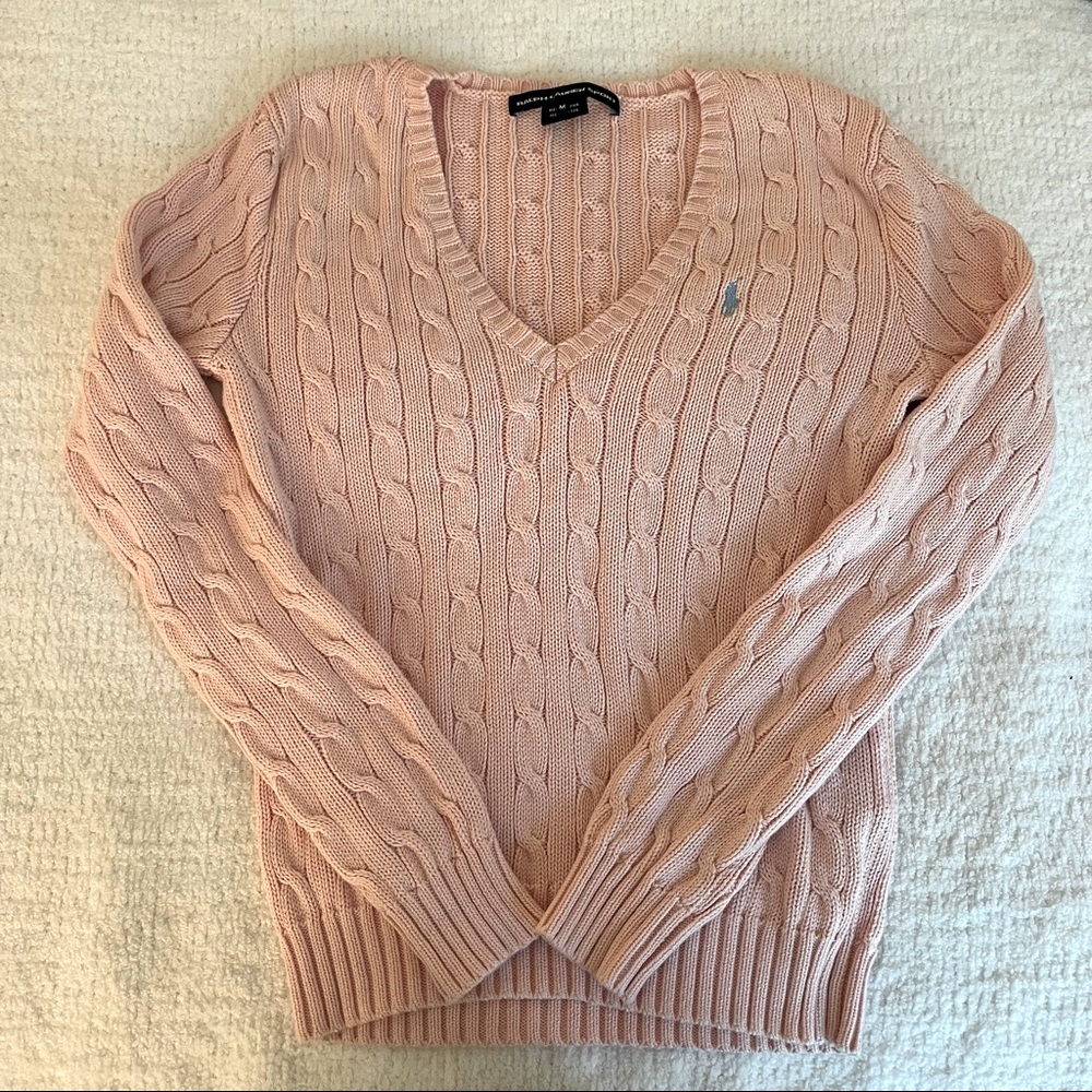 Pink Ralph Lauren vneck cable knit sweater